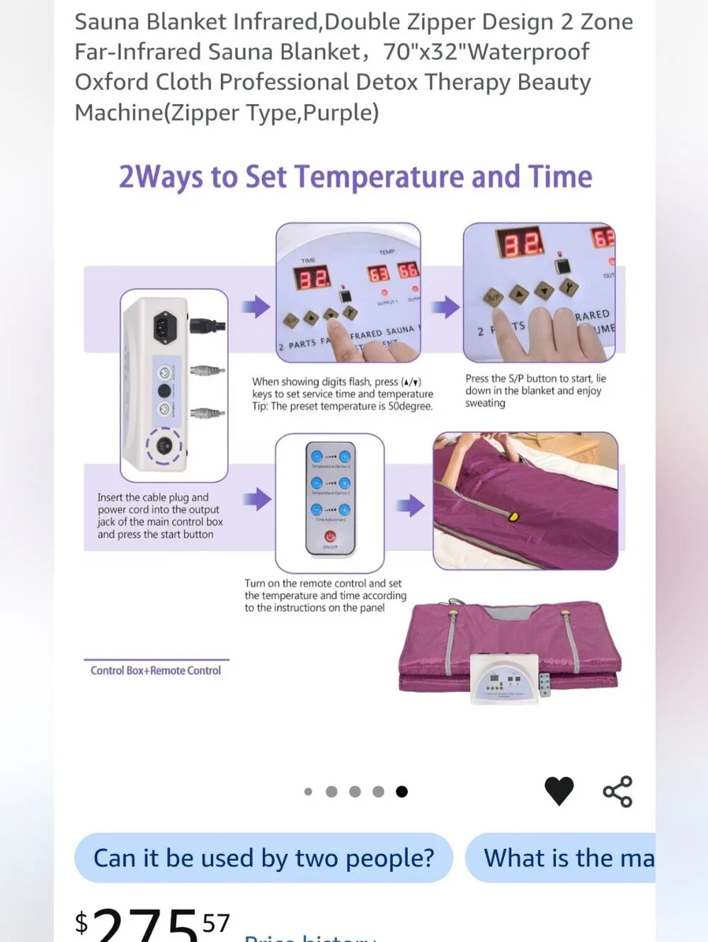 2 Zone Far Infrared Sauna Blanket Digital Controller Slimming Detox Spa + Remote